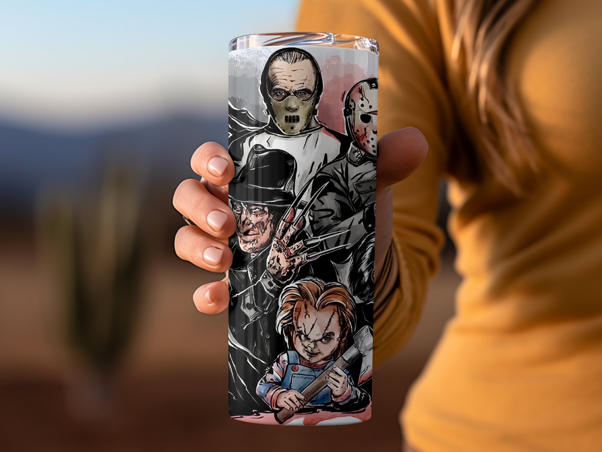 Horror Icon Collage Tumbler, Scary Movie Characters, 20oz Travel Mug, Halloween Gift, Creepy Villains Art, Reusable Skinny Tumbler - Image 2