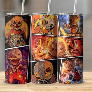 Halloween Horror Art Tumbler, 20oz Skinny Tumbler, Spooky Movie Design Tumbler, Trick or Treat Themed Tumbler, Creepy Character Tumbler