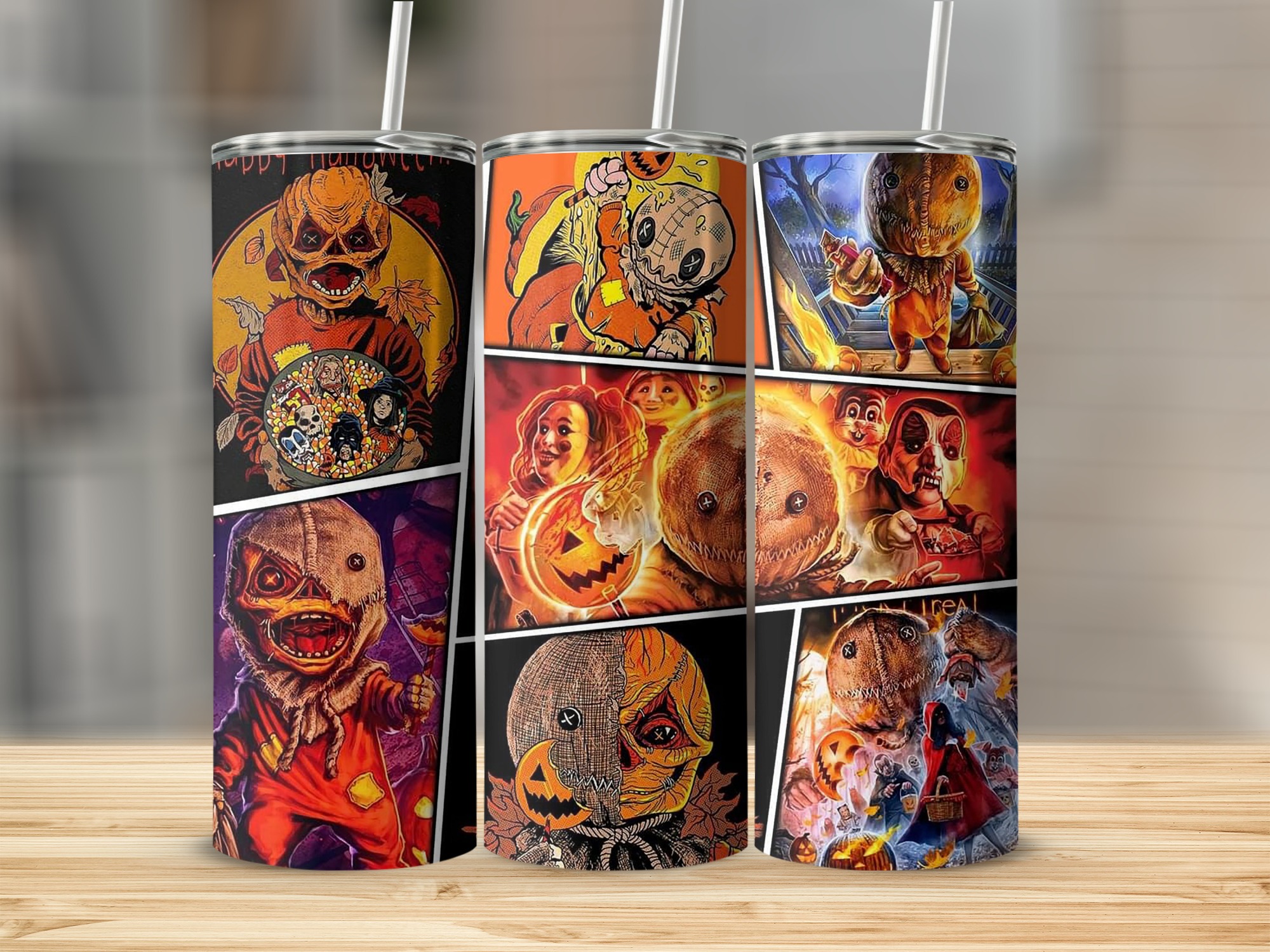 Halloween Horror Art Tumbler, 20oz Skinny Tumbler, Spooky Movie Design Tumbler, Trick or Treat Themed Tumbler, Creepy Character Tumbler