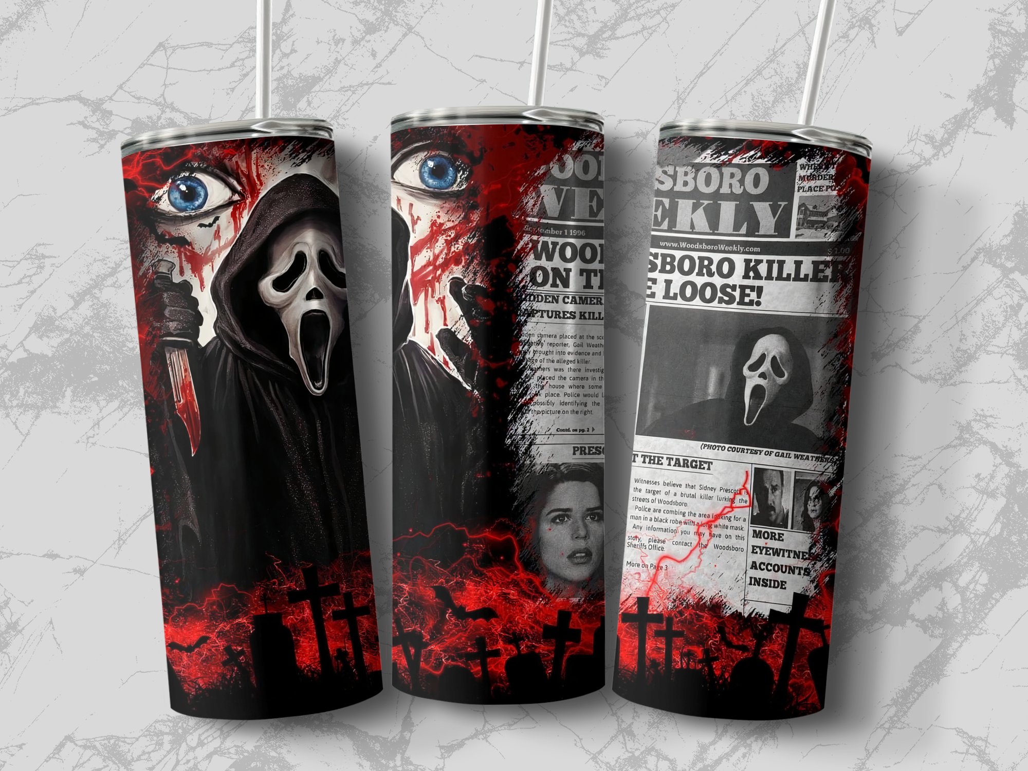 Horror Movie Inspired 20oz Skinny Tumbler, Ghost Mask Design Tumbler, Scary Blood Splatter Travel Cup, Halloween Gift For Horror Fans - Image 2