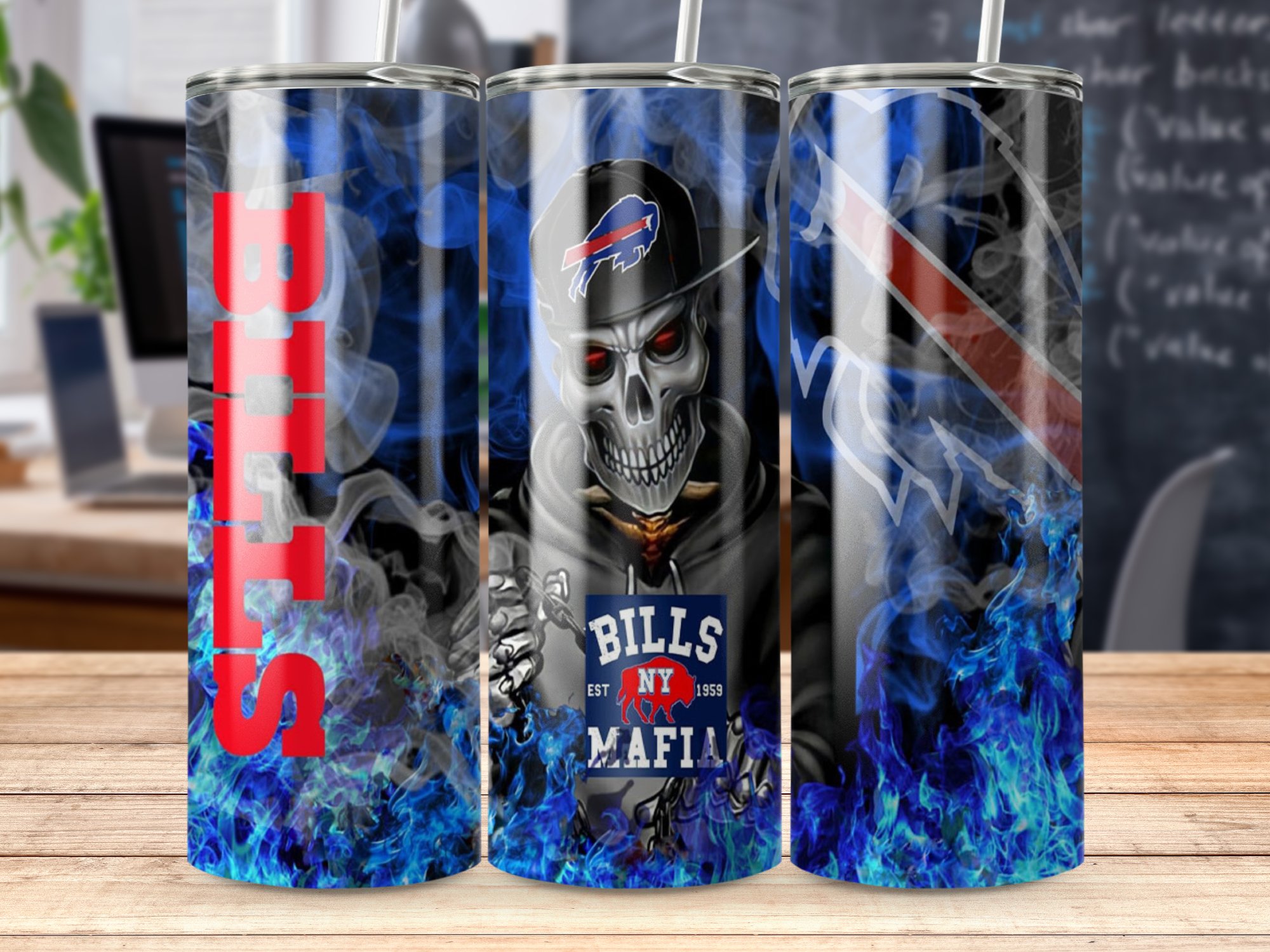 Bills Mafia Tumbler, Skull Fire Design, Buffalo Bills Fan Gift, Unique NFL Merchandise, Cool Football Drinkware - Image 5