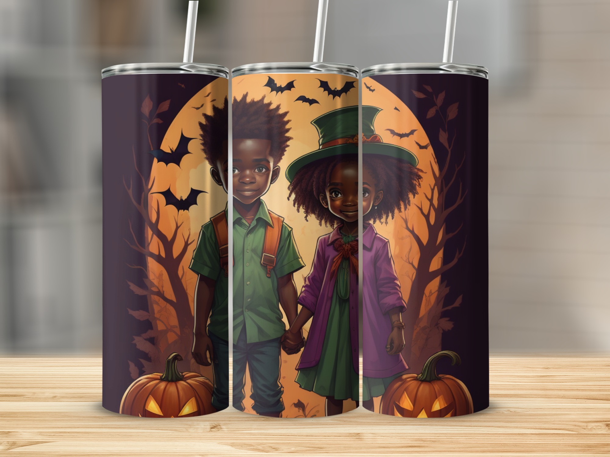 Cute Kids Halloween Design Tumbler, 20oz Skinny Tumbler, Halloween Party Accessory, Pumpkin and Witch Hat Tumbler, Fall Decor Gift