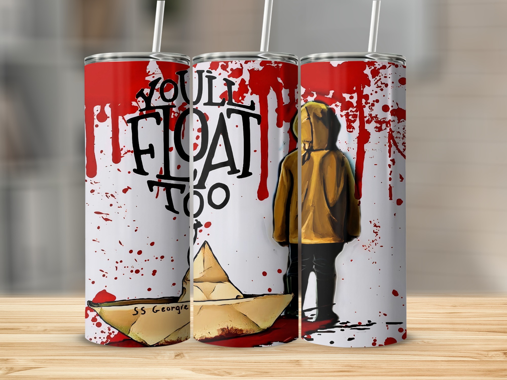 Horror Inspired 20oz Skinny Tumbler, Creepy Clown Fan Art, Unique Gift for Horror Movie Lovers, SS Georgie Art, You'll Float Too Quote