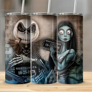 Halloween Nightmare 20oz Skinny Tumbler, Gothic Jack and Sally Design, Spooky Halloween Gift, Tim Burton Inspired Tumbler, Horror Fan Gift