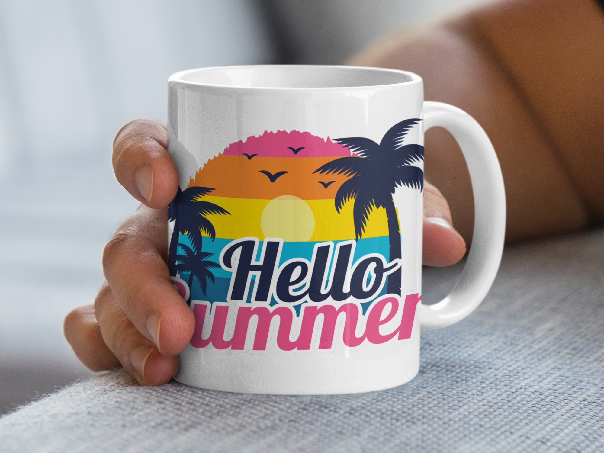 Hello Summer Mug, Colorful Tropical Sunrise Mug, Summer Vibe Mug, Palm Trees Mug, Beach Scene Mug, Vacation Mug, Holiday Fun Mug - Image 5