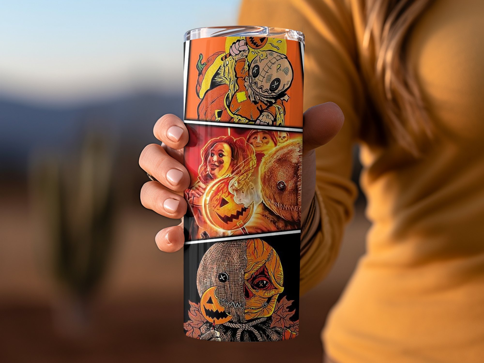 Halloween Horror Art Tumbler, 20oz Skinny Tumbler, Spooky Movie Design Tumbler, Trick or Treat Themed Tumbler, Creepy Character Tumbler - Image 3