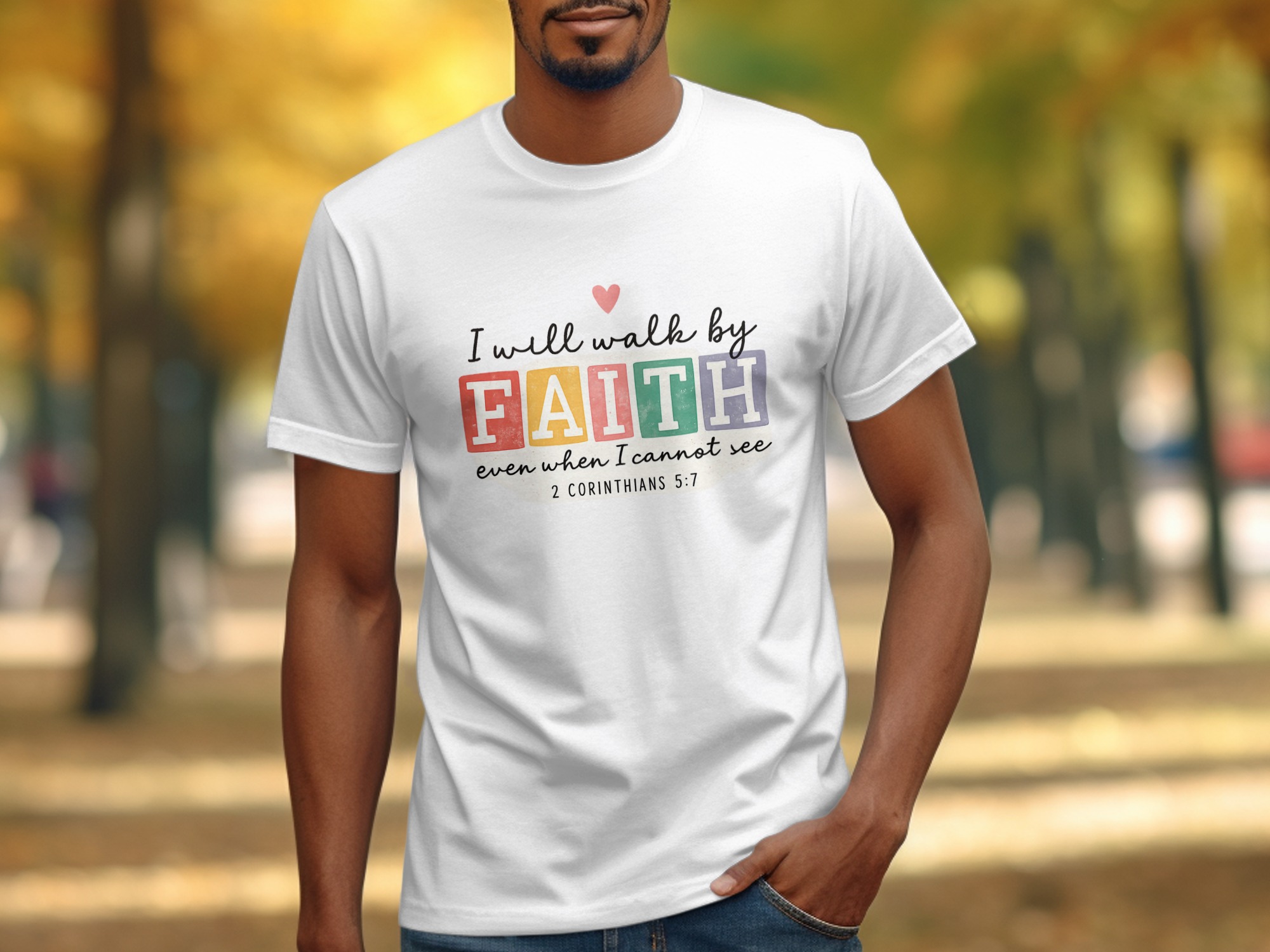 Walk by Faith T-Shirt | 2 Corinthians 5:7 Christian Verse - Image 3