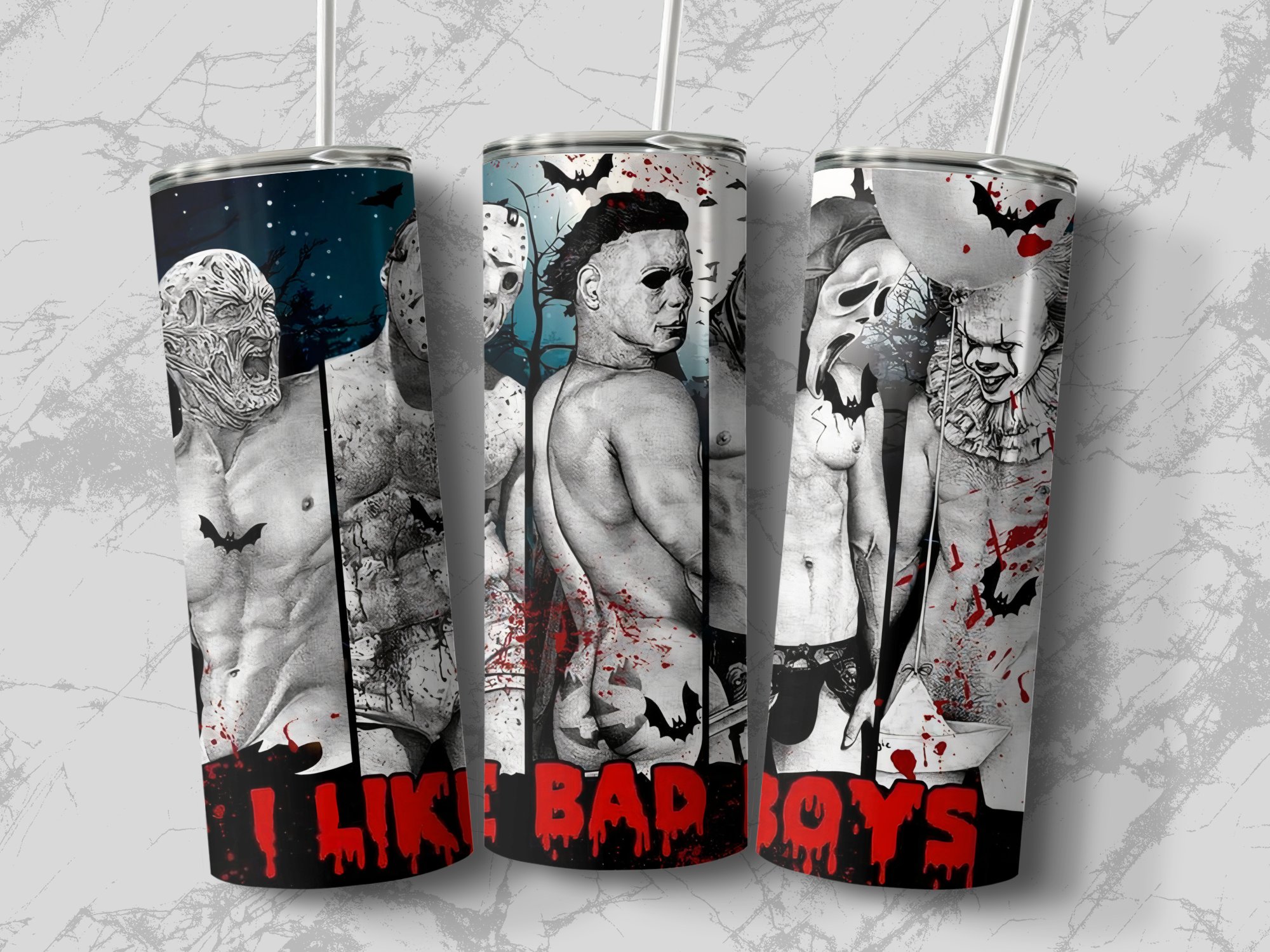 Horror Movie Bad Boys Tumbler, Halloween Scary Character Tumbler, Creepy Killer 20oz Skinny Tumbler, Horror Themed Gift - Image 2