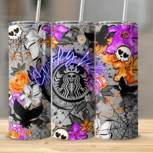 Spooky Vibes Skinny Tumbler, Halloween Floral Drinkware, Skull and Bat Design Cup, Gothic Flower Tumbler, 20oz Tumbler Gift