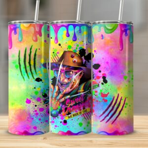 Spooky Colorful Horror Tumbler, 20oz Skinny Tumbler, Unique Halloween Gift, Neon Splatter Tumbler, Vibrant Horror Art Drinkware