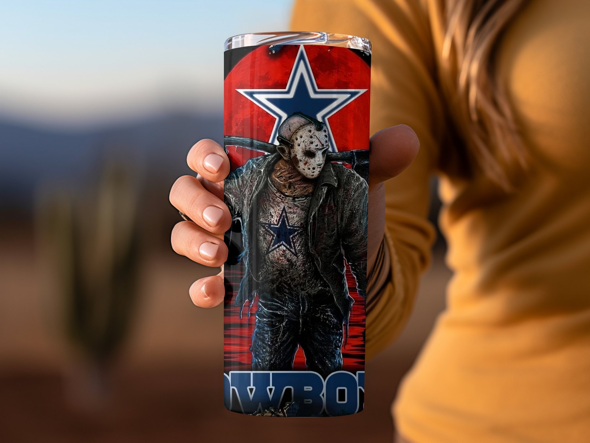 Horror Inspired 20oz Skinny Tumbler, Unique Cowboys Design Skinny Tumbler, 20oz Tumbler with Horror Theme for Fans - Image 3