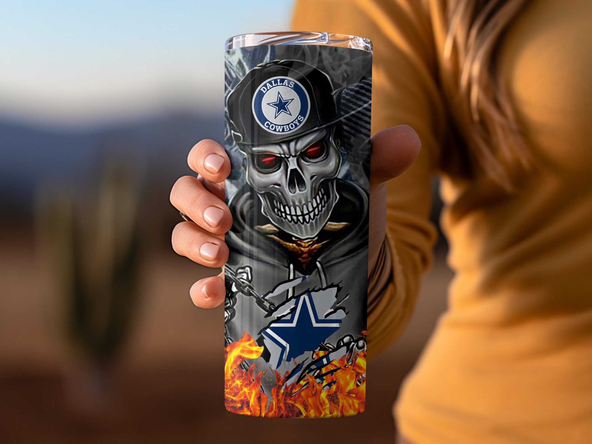 Cowboys Skull Tumbler, Dallas Fan Gift, We Dem Boyz Tumbler, Fire Design Tumbler, Sports Fan Cup, Unique Football Gift - Image 4