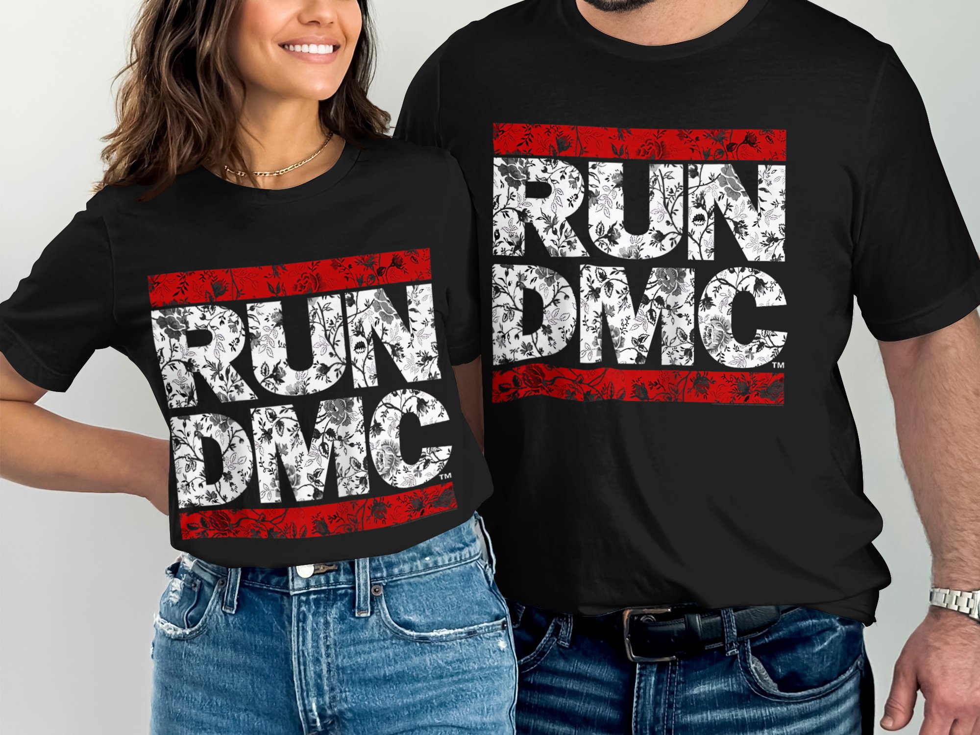 Run DMC Floral Art T-Shirts, Black White Floral Digital Art, Hip Hop Floral Design, Music Inspired Art, Vintage Floral T-Shirt, Digital - Image 5