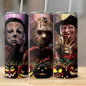 Halloween Horror Movie Characters Tumbler, 20oz Skinny Tumbler, Scary Movie Villains Halloween Tumbler, Halloween Gift for Horror Fans