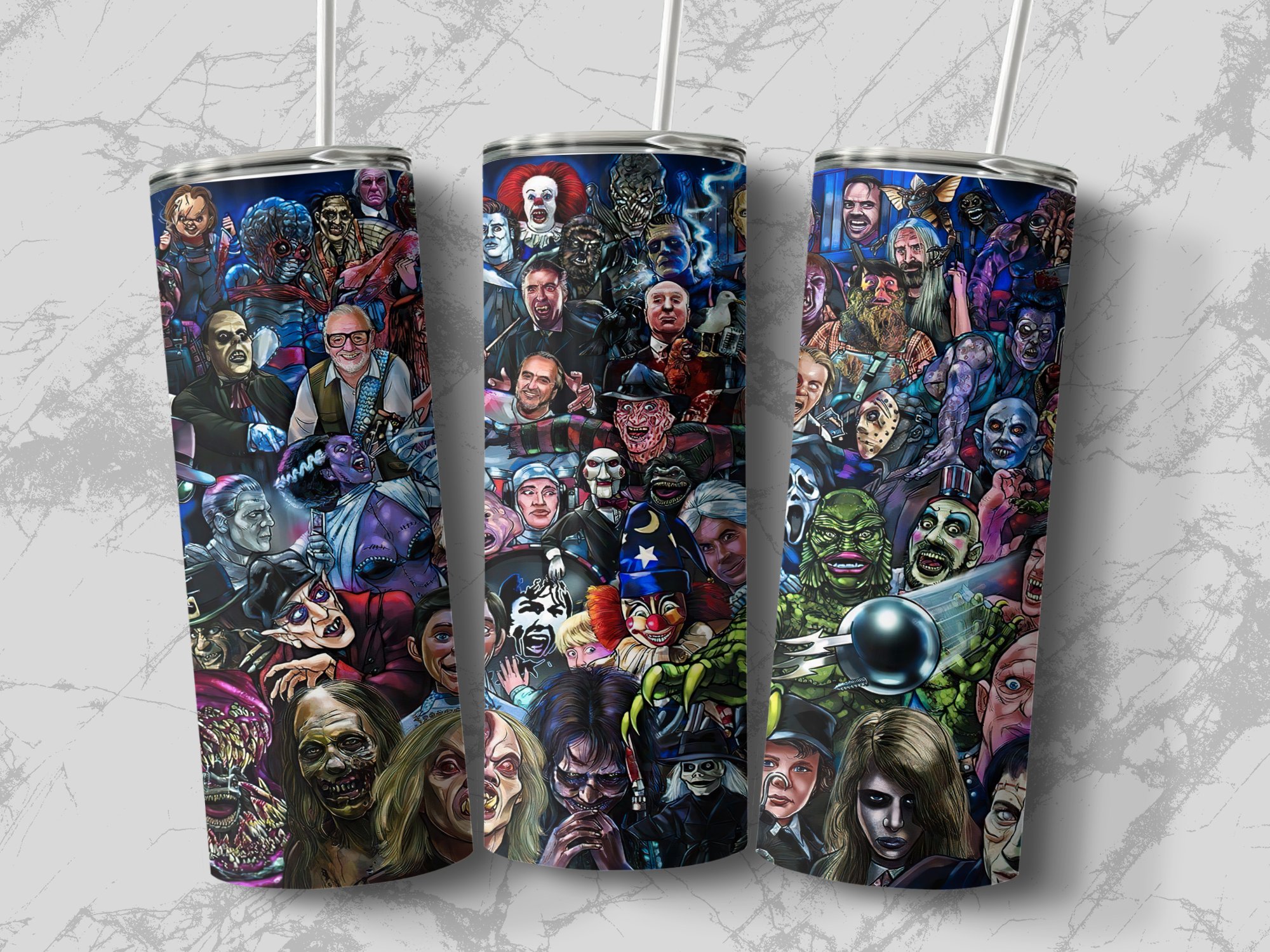 Horror Movie Characters Collage Tumbler, 20oz Skinny Tumbler, Classic Horror Icons Design, Scary Movie Fan Gift, Horror Lover Cup - Image 4