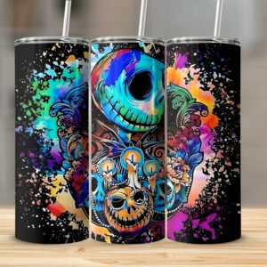 Colorful Skull Art 20oz Skinny Tumbler, Halloween Themed Tumbler, Day of the Dead Tumbler, Spooky Vibes Tumbler, Gift for Skull Lovers