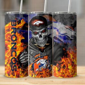 Broncos Skull Helmet Hoodie Design, Fire and Flames Background, Unique Tumbler Gift, Fans, Creative Art, Sports Enthusiast Gift
