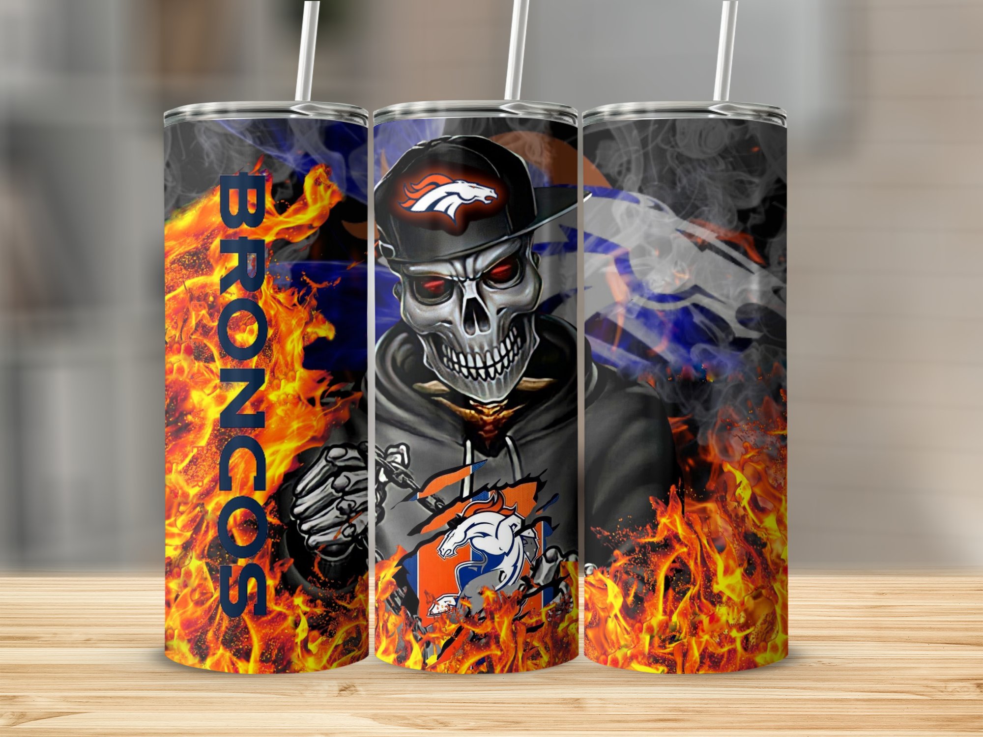 Broncos Skull Helmet Hoodie Design, Fire and Flames Background, Unique Tumbler Gift, Fans, Creative Art, Sports Enthusiast Gift