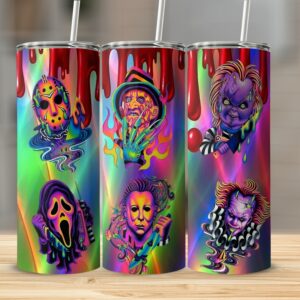 Horror Icon Collage 20oz Skinny Tumbler, Colorful Horror Movie Art Tumbler, Creepy Character Insulated Mug, Scary Movie Lover Gift