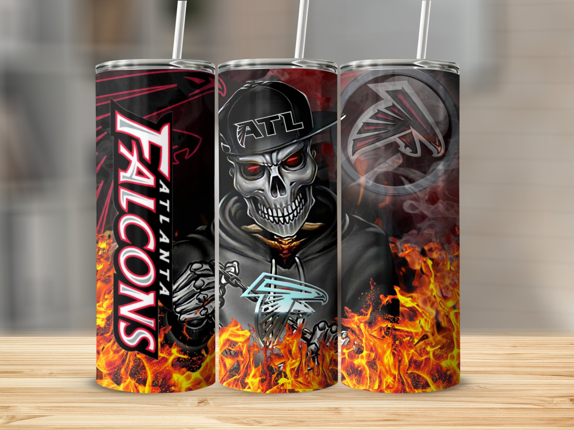 ATL Falcons Skeletal Fan Tumbler, Fire Skull Atlanta Tumbler, Cool ATL Cup, Halloween Inspired Tumbler, Flaming Fanatics Drinkware Gift - Image 2