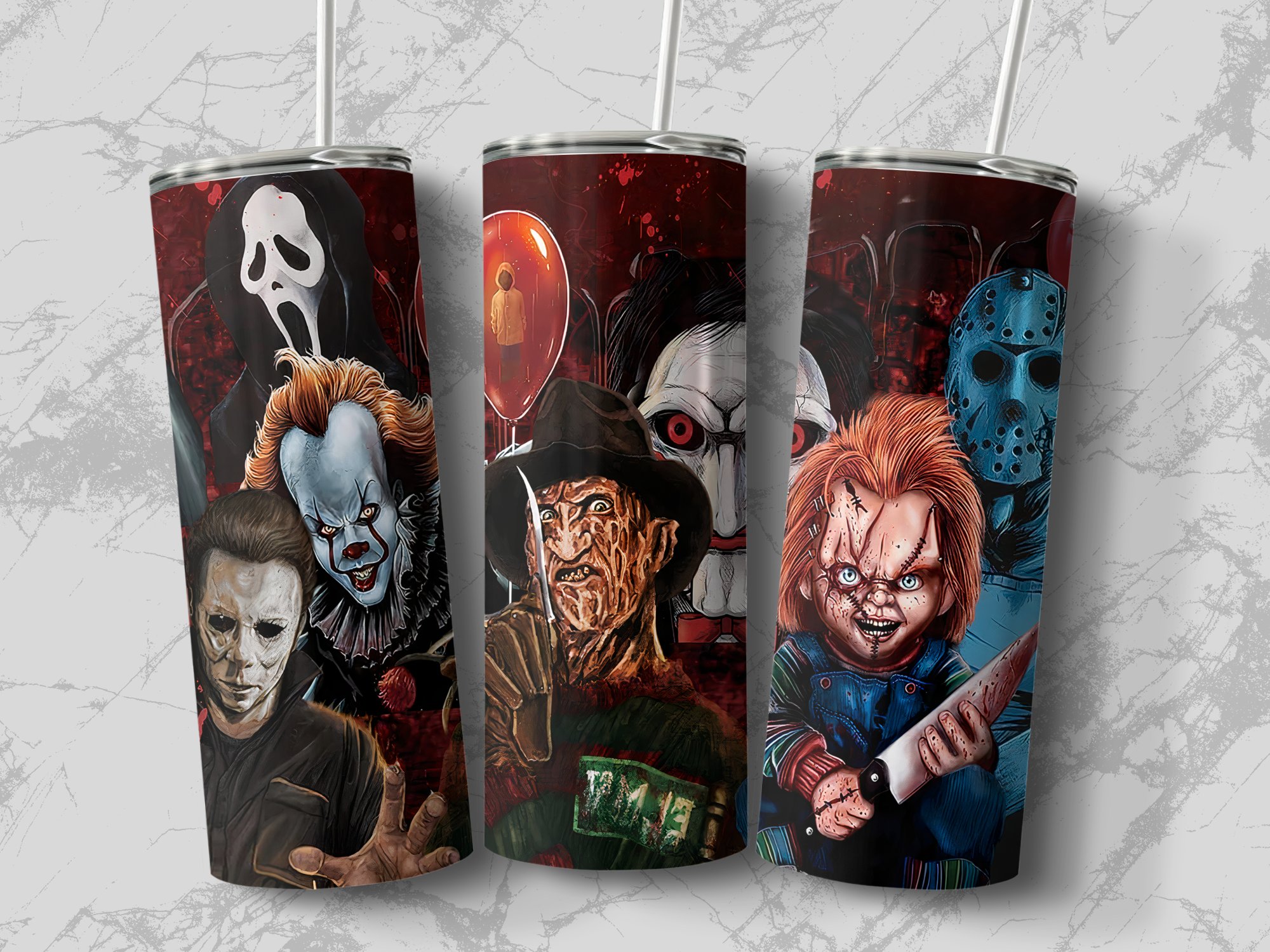 Horror Movie Icons Tumbler, 20oz Skinny Tumbler for Horror Fans, Halloween Gift Tumbler, Creepy Characters Tumbler, Scary Movie Fan Tumbler - Image 2