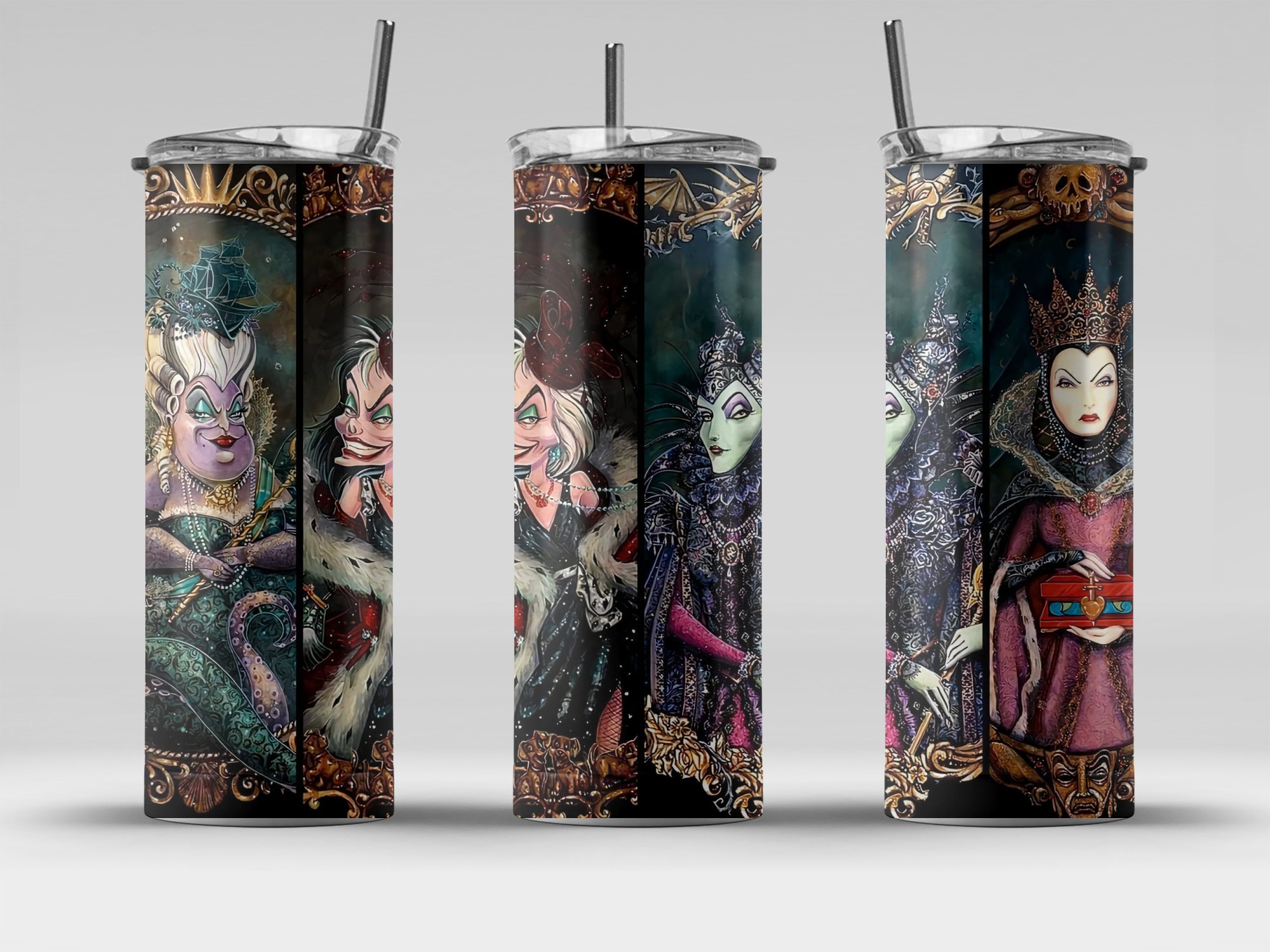 Villain Themed 20oz Skinny Tumbler, Evil Queen Tumbler, Maleficent Tumbler, Unique Villain Art Tumbler, Cruella De Vil Tumbler - Image 4