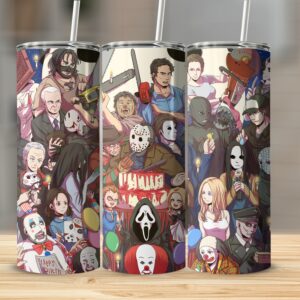 Horror Movie Characters Collage Tumbler, Scary Movie Inspired Tumbler, Skinny Tumbler for Horror Fans, Unique Halloween Gift Tumbler