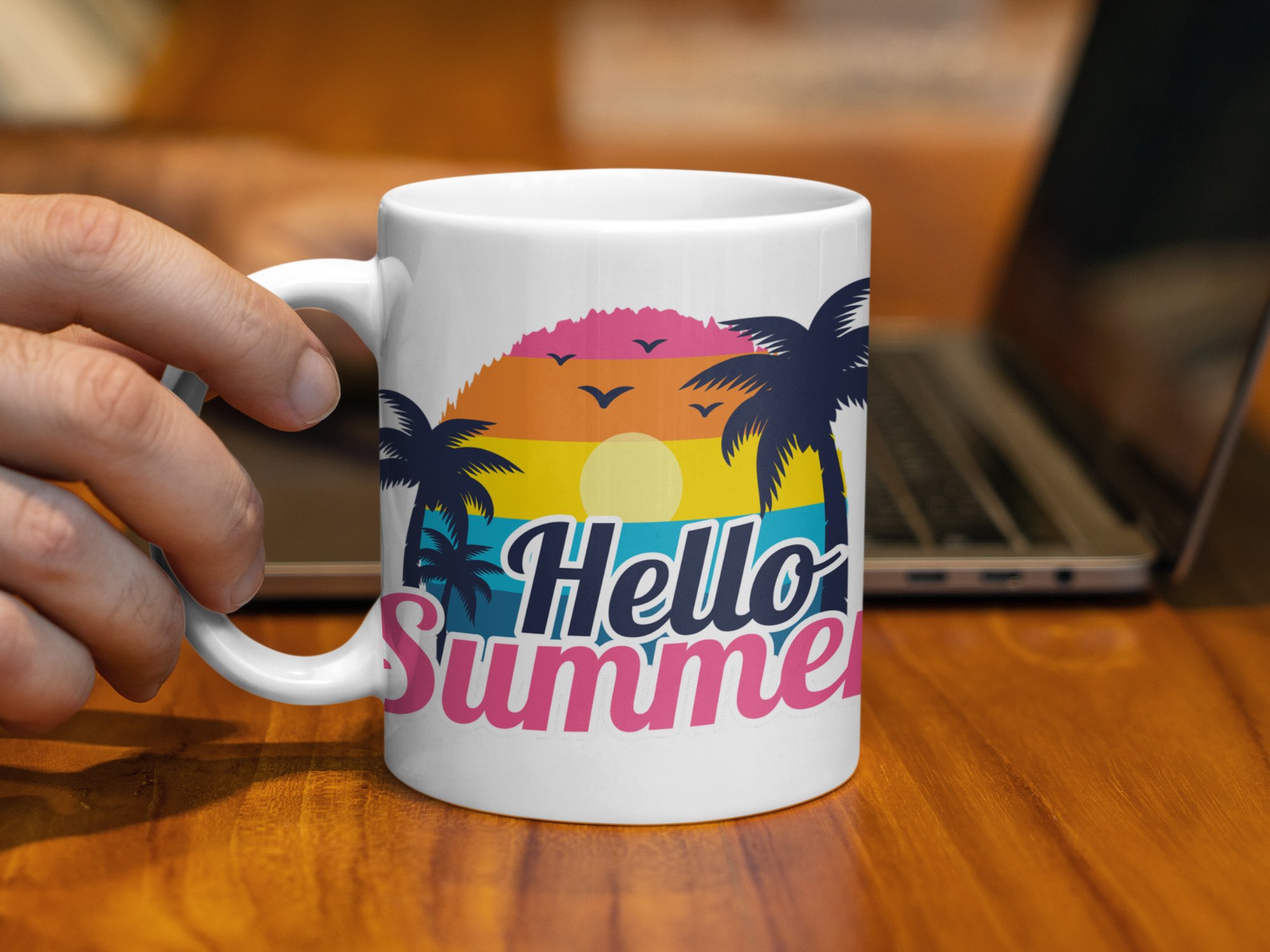 Hello Summer Mug, Colorful Tropical Sunrise Mug, Summer Vibe Mug, Palm Trees Mug, Beach Scene Mug, Vacation Mug, Holiday Fun Mug - Image 3