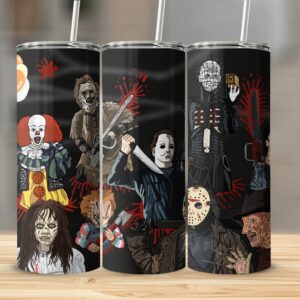 Horror Movie Characters Skinny Tumbler, Halloween Slasher Villains 20oz Skinny Tumbler, Scary Movie Icons Cup, Horror Fan Gift Idea