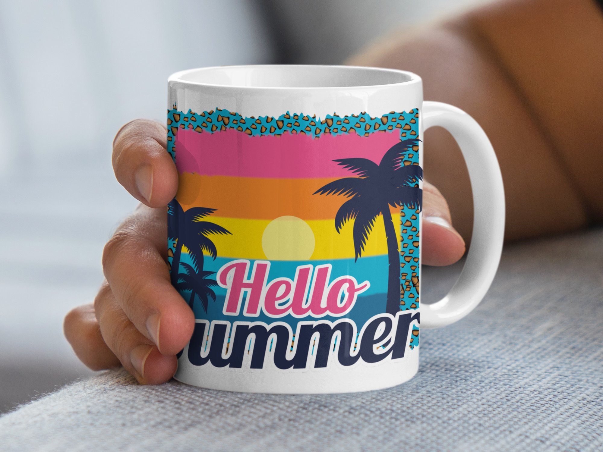 Hello Summer Mug, Retro Beach Sunset Mug, Summer Coffee Cup, Vacation Mug, Tropical Palm Trees Design, Colorful Summer Gift, Beach Lover Mug - Image 5