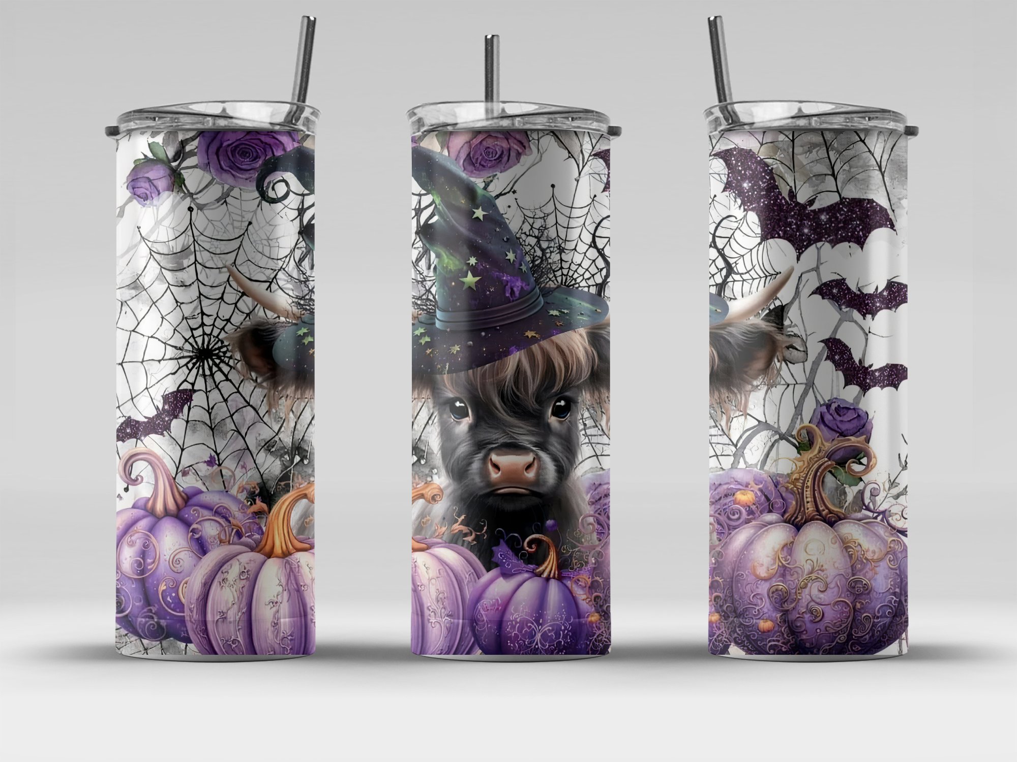 Halloween 20oz Skinny Tumbler, Cute Cow with Witch Hat Tumbler, Purple Pumpkin and Spiderweb Tumbler, Halloween Gift for Her - Image 4