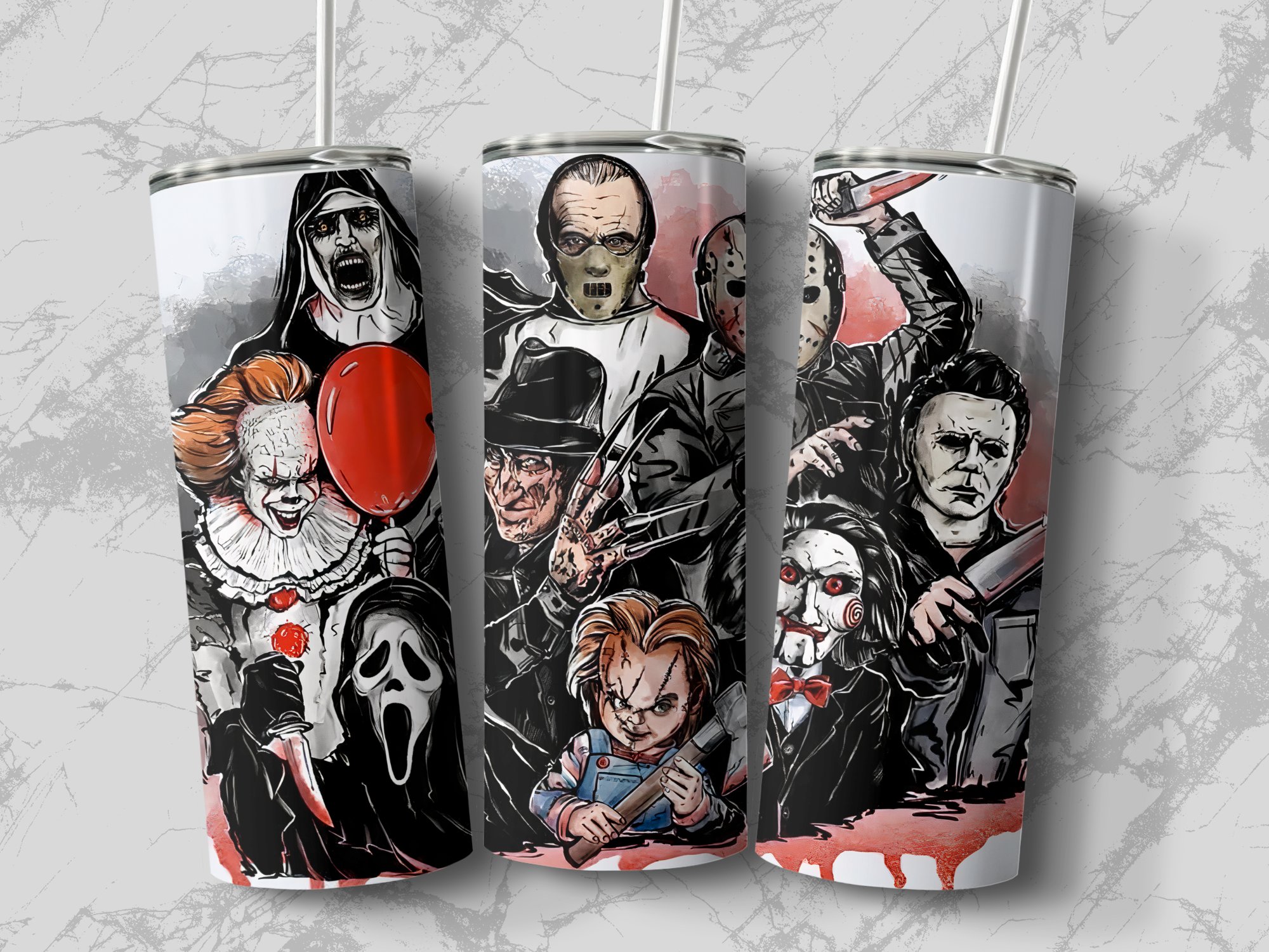 Horror Icon Collage Tumbler, Scary Movie Characters, 20oz Travel Mug, Halloween Gift, Creepy Villains Art, Reusable Skinny Tumbler - Image 4
