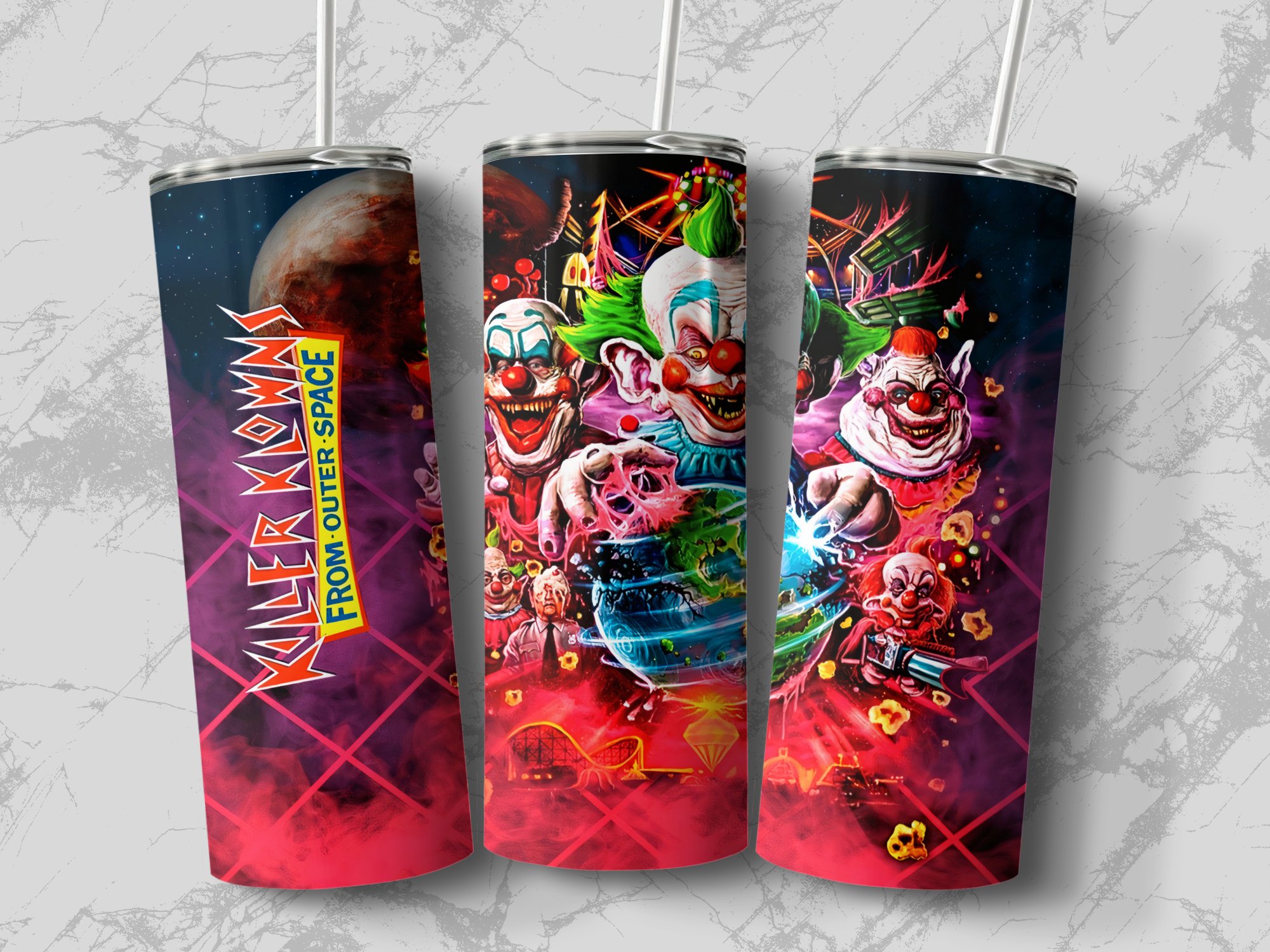 Killer Klowns From Outer Space Tumbler, 20oz Skinny Tumbler With Horror Clown Design, Spooky Sci-Fi Insulated Drinkware - Image 2