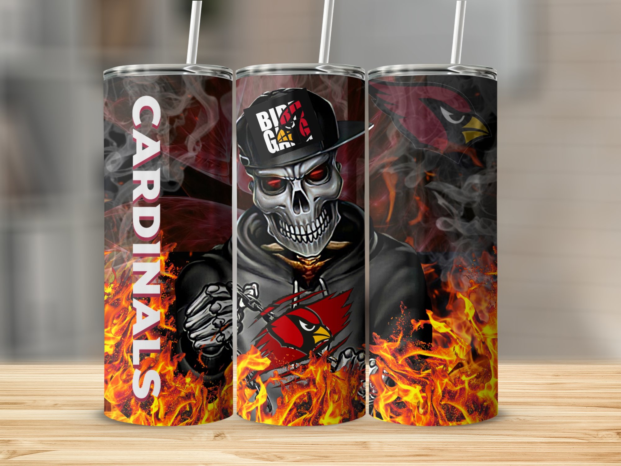 Cardinal Skeleton Tumbler Cup, Skull Design, Customizable, Unique Gift, Halloween Tumbler, Bird Gang Themed Tumbler, Fire Background - Image 2