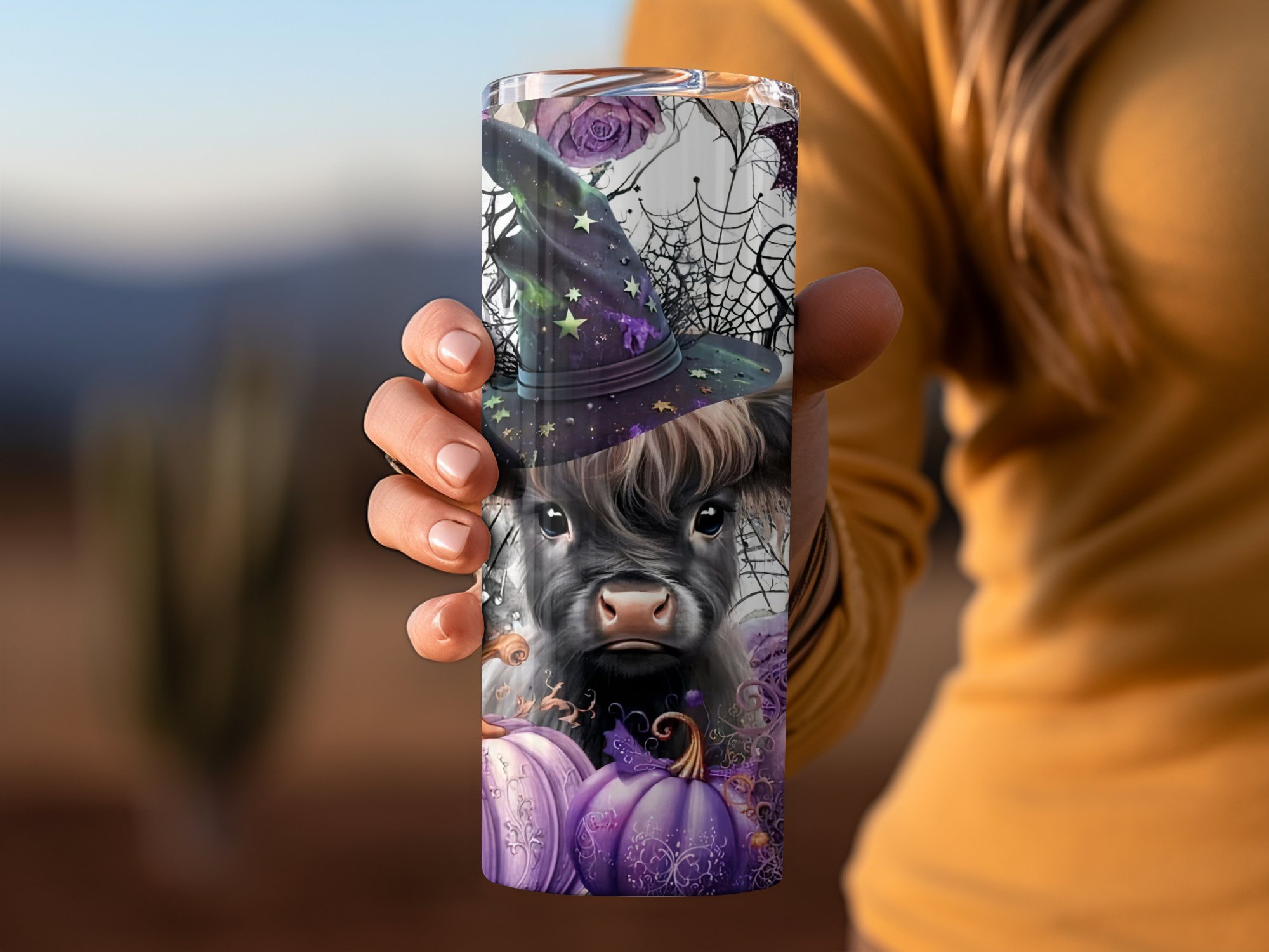 Halloween 20oz Skinny Tumbler, Cute Cow with Witch Hat Tumbler, Purple Pumpkin and Spiderweb Tumbler, Halloween Gift for Her - Image 3