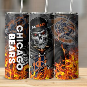 Chicago Bears Tumbler, Skull Design Tumbler, Flames Background Tumbler, Football Fan Gift, Sports Team Tumbler, Cool Gift Idea