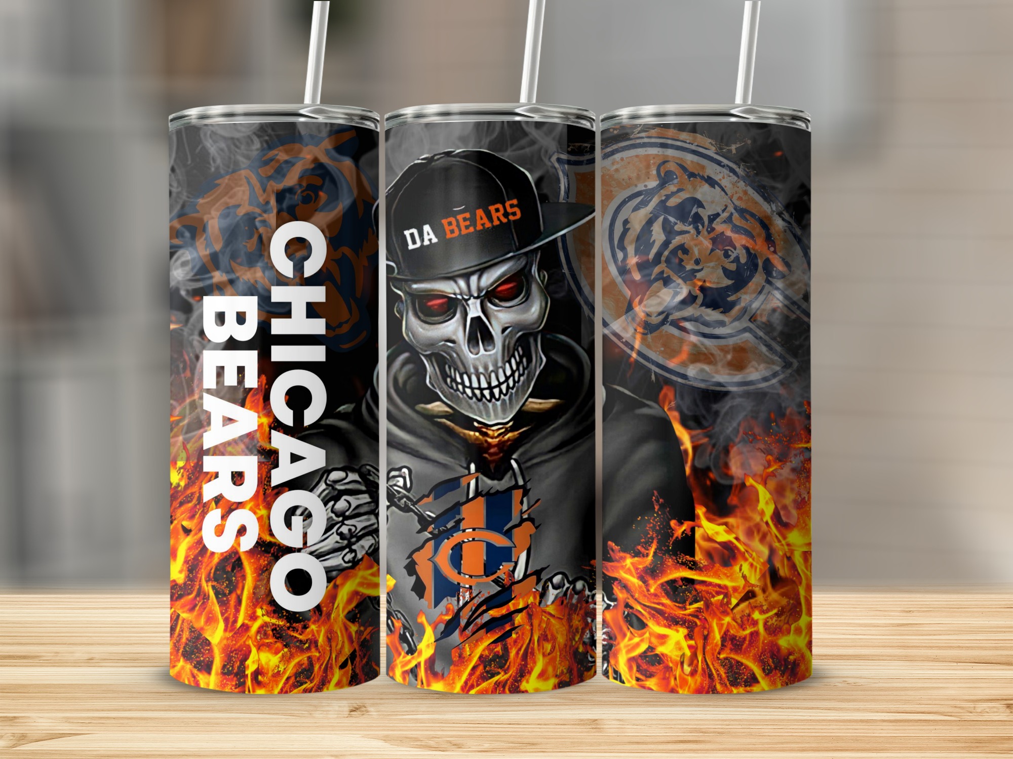 Chicago Bears Tumbler, Skull Design Tumbler, Flames Background Tumbler, Football Fan Gift, Sports Team Tumbler, Cool Gift Idea