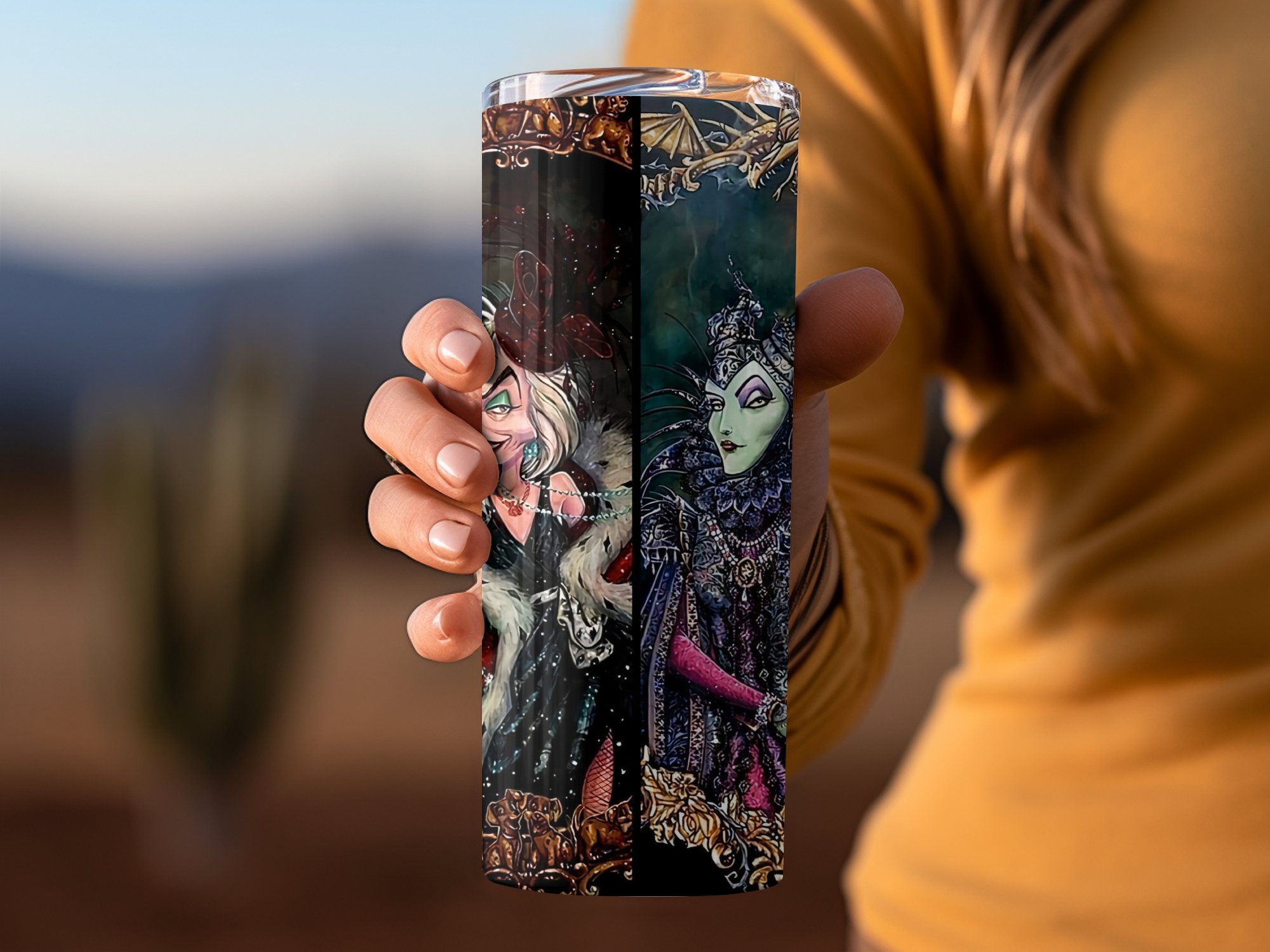 Villain Themed 20oz Skinny Tumbler, Evil Queen Tumbler, Maleficent Tumbler, Unique Villain Art Tumbler, Cruella De Vil Tumbler - Image 3