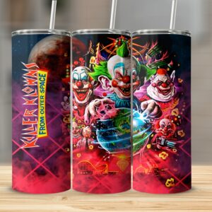 Killer Klowns From Outer Space Tumbler, 20oz Skinny Tumbler With Horror Clown Design, Spooky Sci-Fi Insulated Drinkware