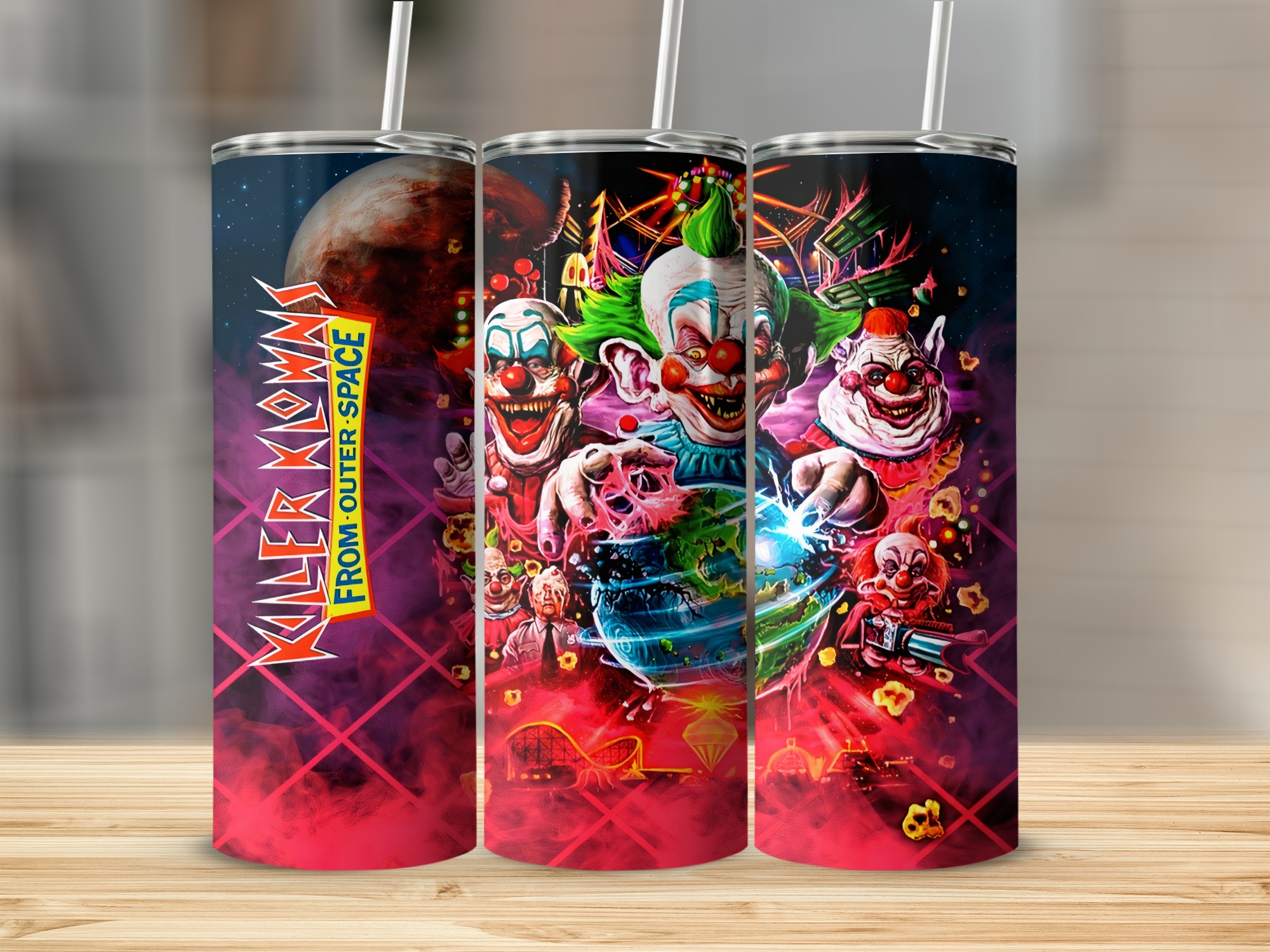 Killer Klowns From Outer Space Tumbler, 20oz Skinny Tumbler With Horror Clown Design, Spooky Sci-Fi Insulated Drinkware