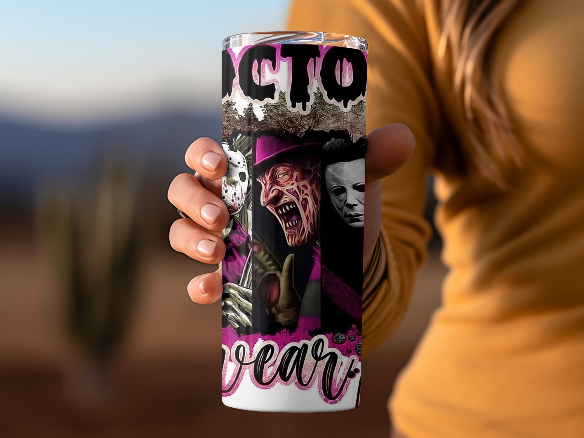 Horror Movie Characters Tumbler, In October We Wear Pink, 20oz Skinny Tumbler, Scary Halloween Tumbler, Spooky Drinkware - Image 3