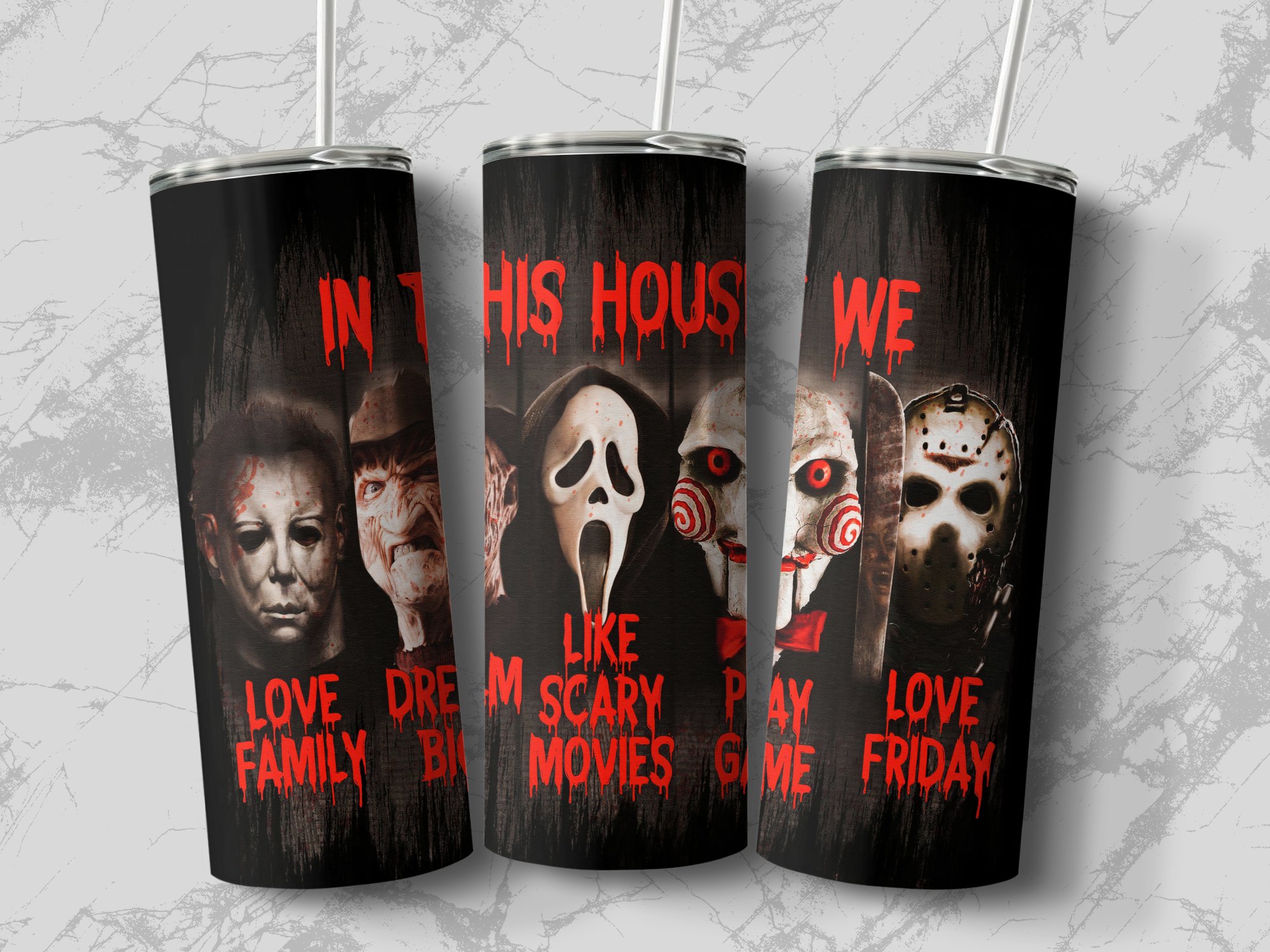 Horror Movie Inspired 20oz Skinny Tumbler, Slasher Icons Tumbler, Scary Movie Quotes Tumbler, Halloween Gift Tumbler, Creepy Tumbler - Image 2