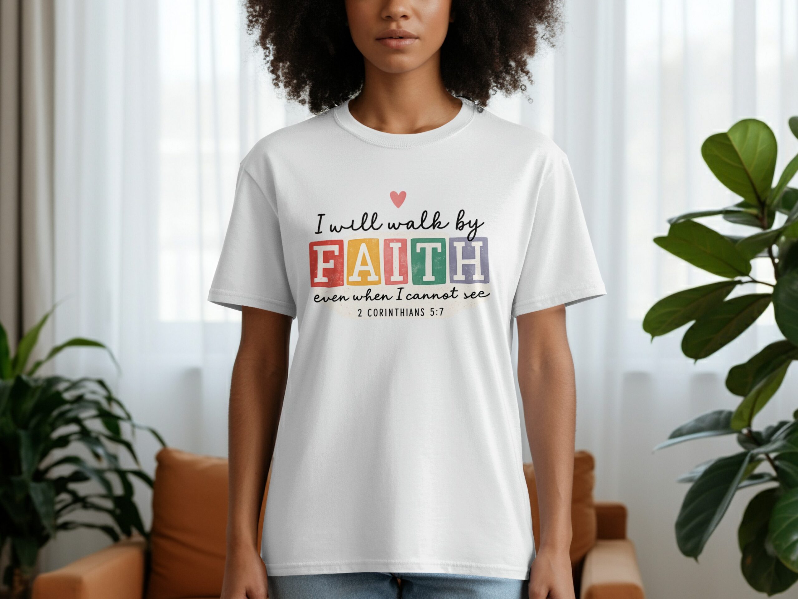 Walk by Faith T-Shirt | 2 Corinthians 5:7 Christian Verse - Image 2