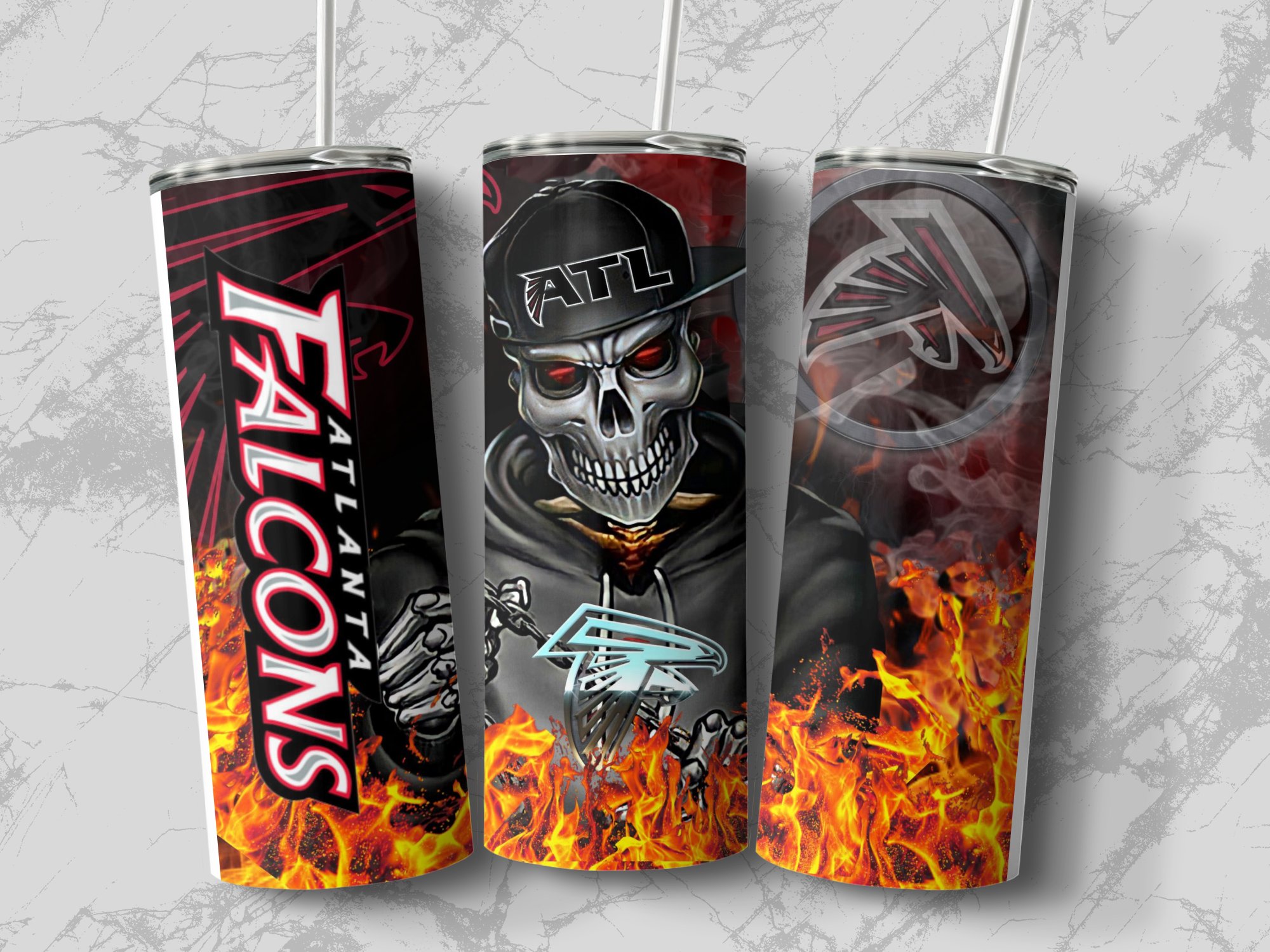 ATL Falcons Skeletal Fan Tumbler, Fire Skull Atlanta Tumbler, Cool ATL Cup, Halloween Inspired Tumbler, Flaming Fanatics Drinkware Gift - Image 3